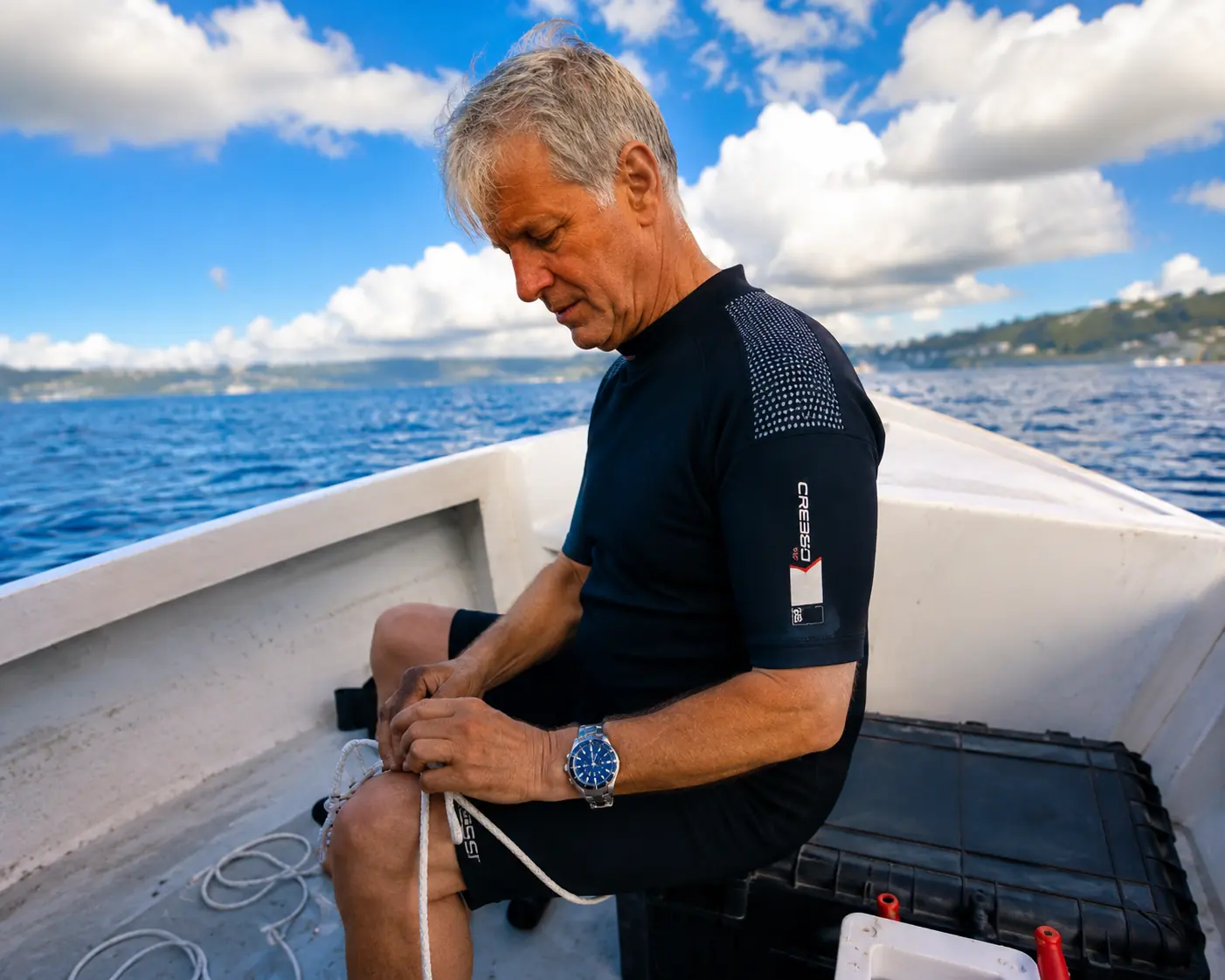 Ingeniero de Alta Research preparando equipo de buceo técnico en Roatán Honduras