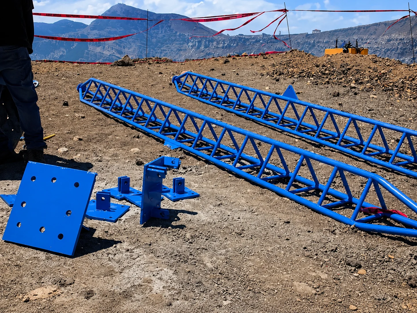Componentes de estructura metálica azul para descenso volcánico